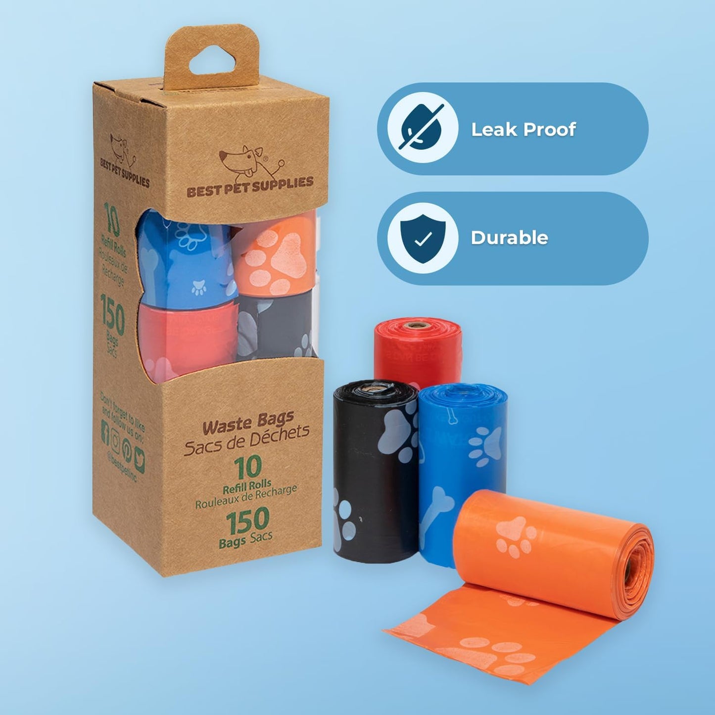 Dog Poop Bags (150 Bags) for Waste Refuse Cleanup, Doggy Roll Replacements for Outdoor Puppy Walking and Travel, Leak Proof and Tear Resistant, Thick Plastic - Assorted Colors