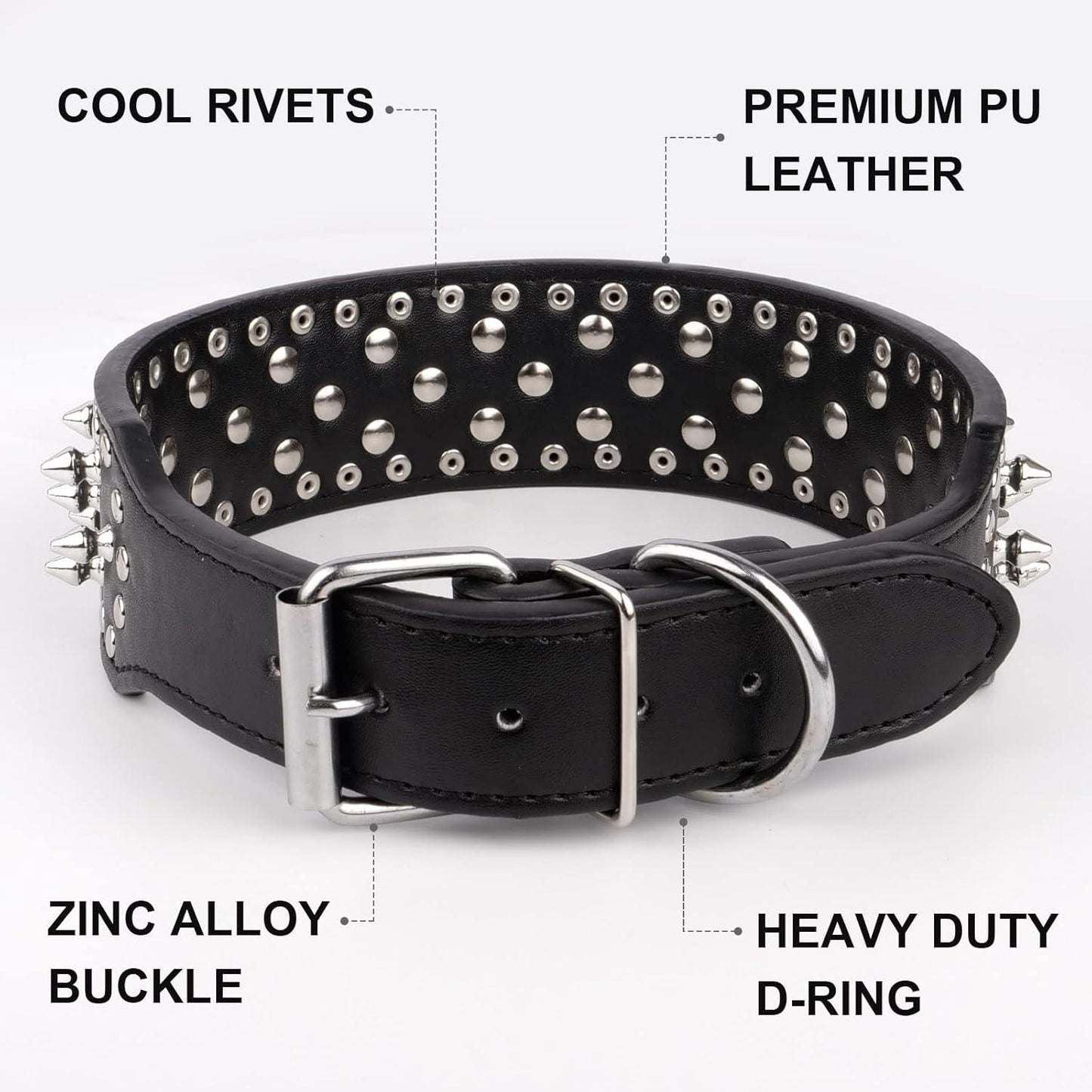 Adjustable Wide Spiked Dog Collar, Mushroom Rivet PU Leather Cat Dog Collars, Durable Spike Studded Pet Collar for Small Medium Large Breed, Pitbull Mastiff Bulldog Pugs Husky Rottweiler Black