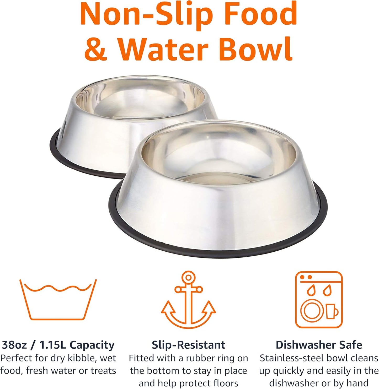 Stainless Steel Non-Skid Pet Dog Water and Food Bowl, 2-Pack (10 X 2.8 Inches), Each Holds up to 38Oz