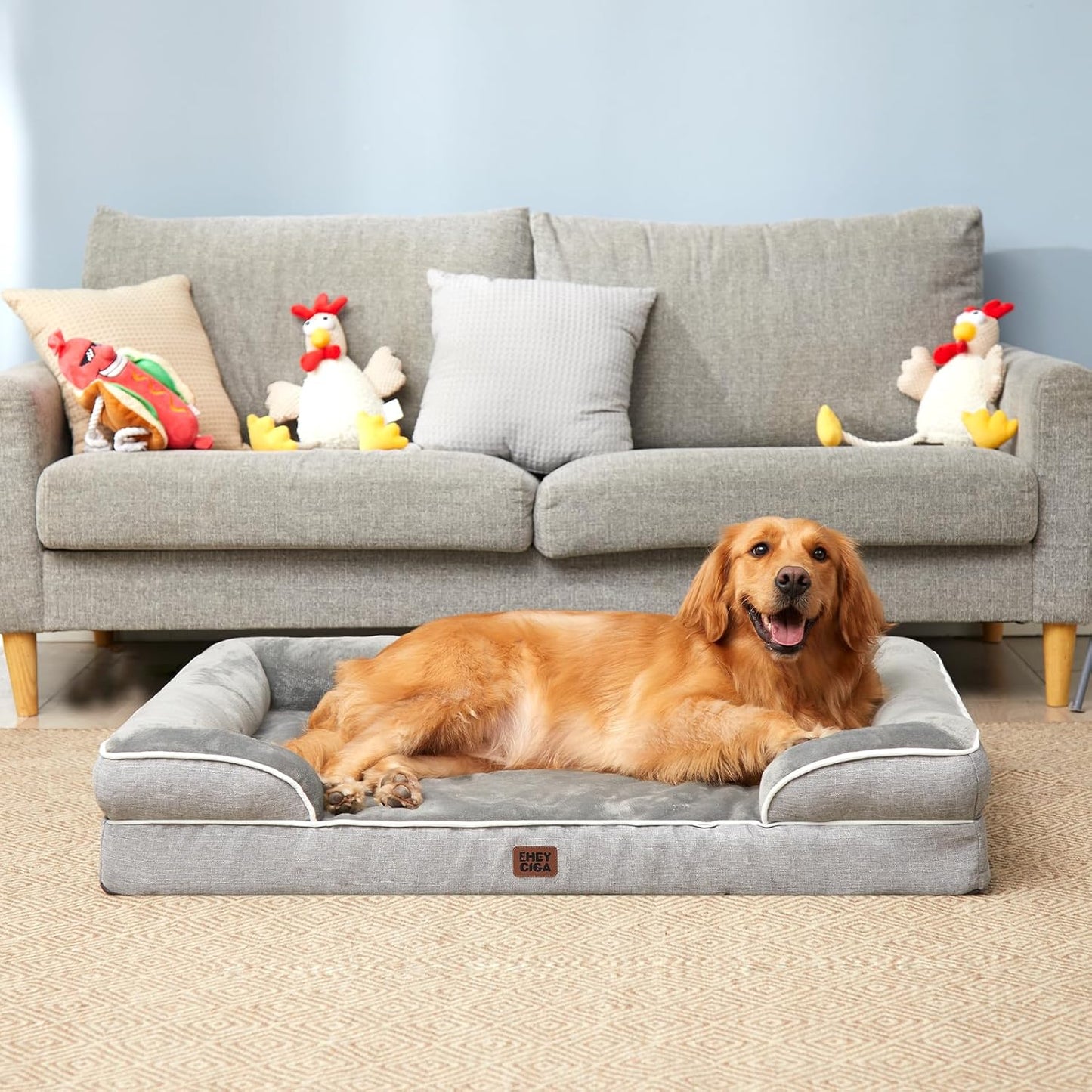 Orthopedic Dog Bed for Extra Large Dogs – 44"x32" Waterproof Memory Foam Bed with Sides and Washable Cover (Grey)