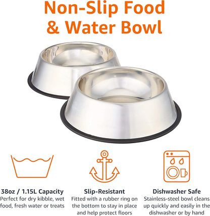 Stainless Steel Non-Skid Pet Dog Water and Food Bowl, 2-Pack (10 X 2.8 Inches), Each Holds up to 38Oz