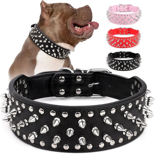 Adjustable Wide Spiked Dog Collar, Mushroom Rivet PU Leather Cat Dog Collars, Durable Spike Studded Pet Collar for Small Medium Large Breed, Pitbull Mastiff Bulldog Pugs Husky Rottweiler Black