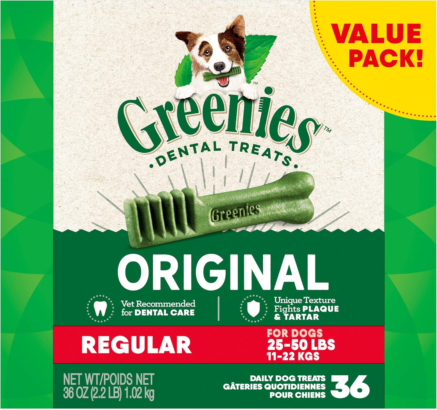 Original Regular Dental Dog Treats, 36 Oz. Pack (36 Treats)